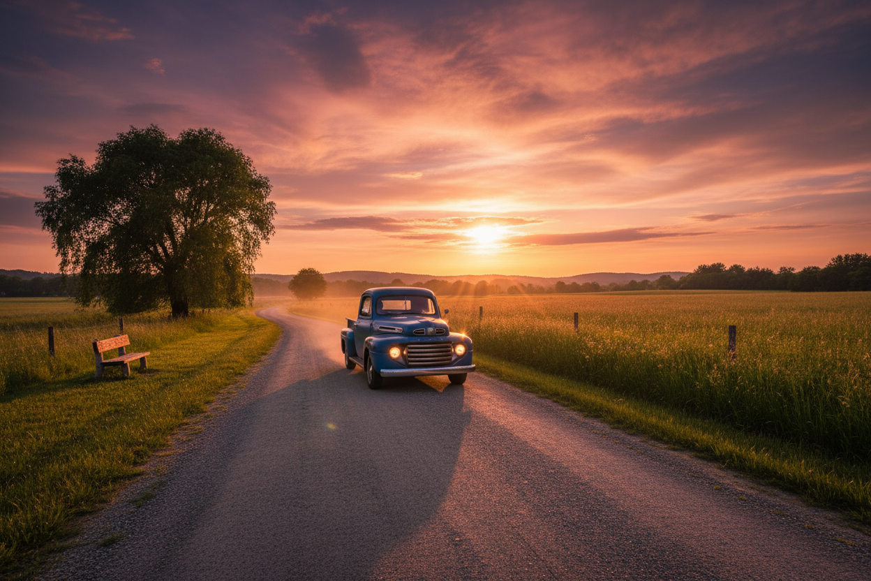country road with vintage ford pick up truck on the road in a stunning photorealist sunset with clouds with a green open field a willow tree in the distance on the left next to a bench