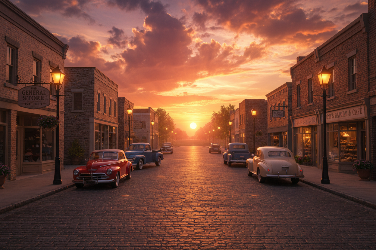 photo realistic sunset with clouds  in a rural small town with vintage street lamps and vehicles parked with small buildings on both sides of the street